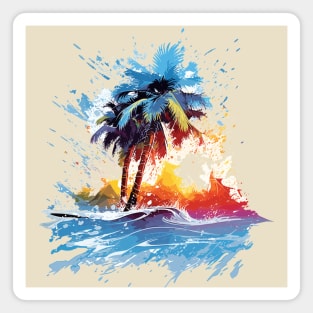 Bold and Colorful Ocean Graphic with Palm Trees and Beach Splats Magnet